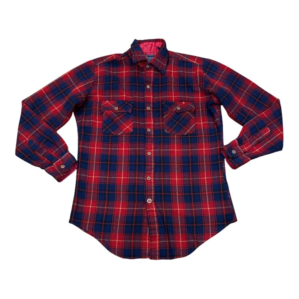 Vintage JCPenney The Mens Shop Red Blue Plaid Acrylic Flannel Shirt Medium Tall